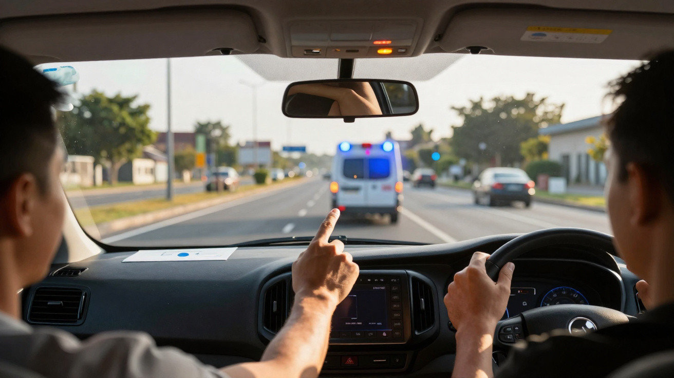 Interior de um carro com duas pessoas, uma a apontar para uma ambulância com luzes azuis na estrada.