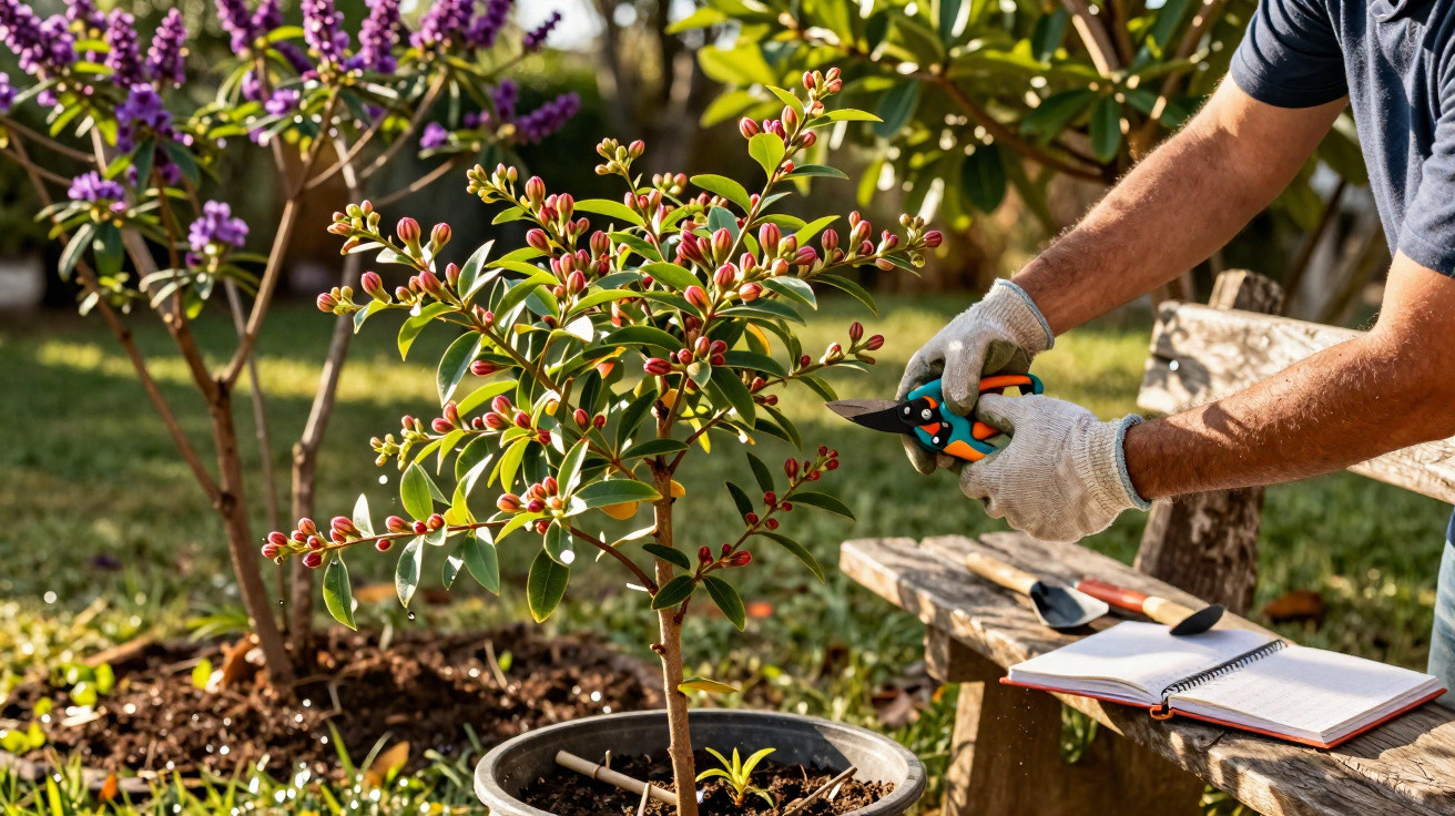 Pessoa a podar planta com tesoura de jardinagem ao lado de banco com caderno aberto num jardim.