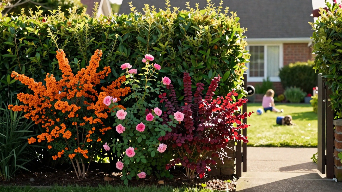 Jardim com arbustos floridos laranja, rosas cor-de-rosa e folhas vermelhas, com criança a brincar ao fundo.
