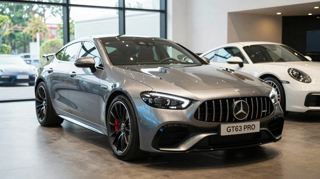 Carro desportivo cinzento Mercedes GT63 PRO estacionado em showroom moderno com vidros panorâmicos.