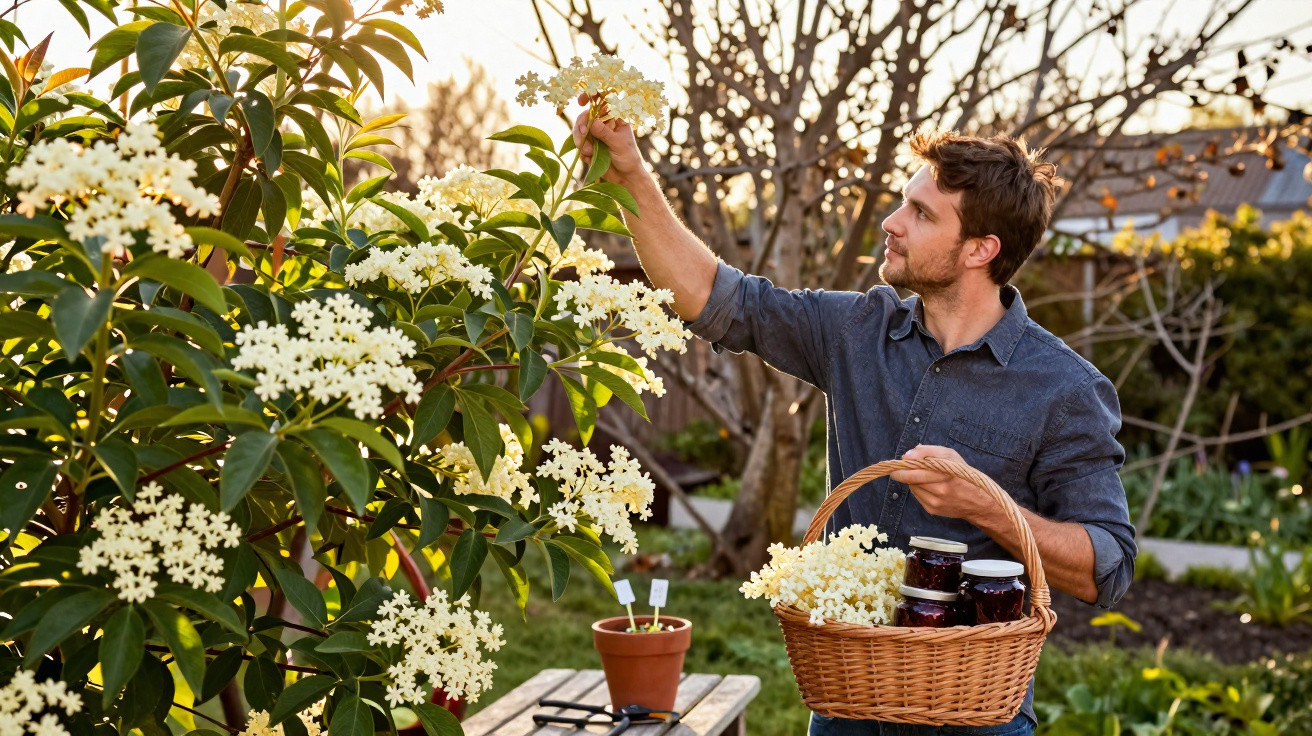 Homem colhe flores brancas de sabugueiro numa árvore, segurando um cesto com flores e frascos.