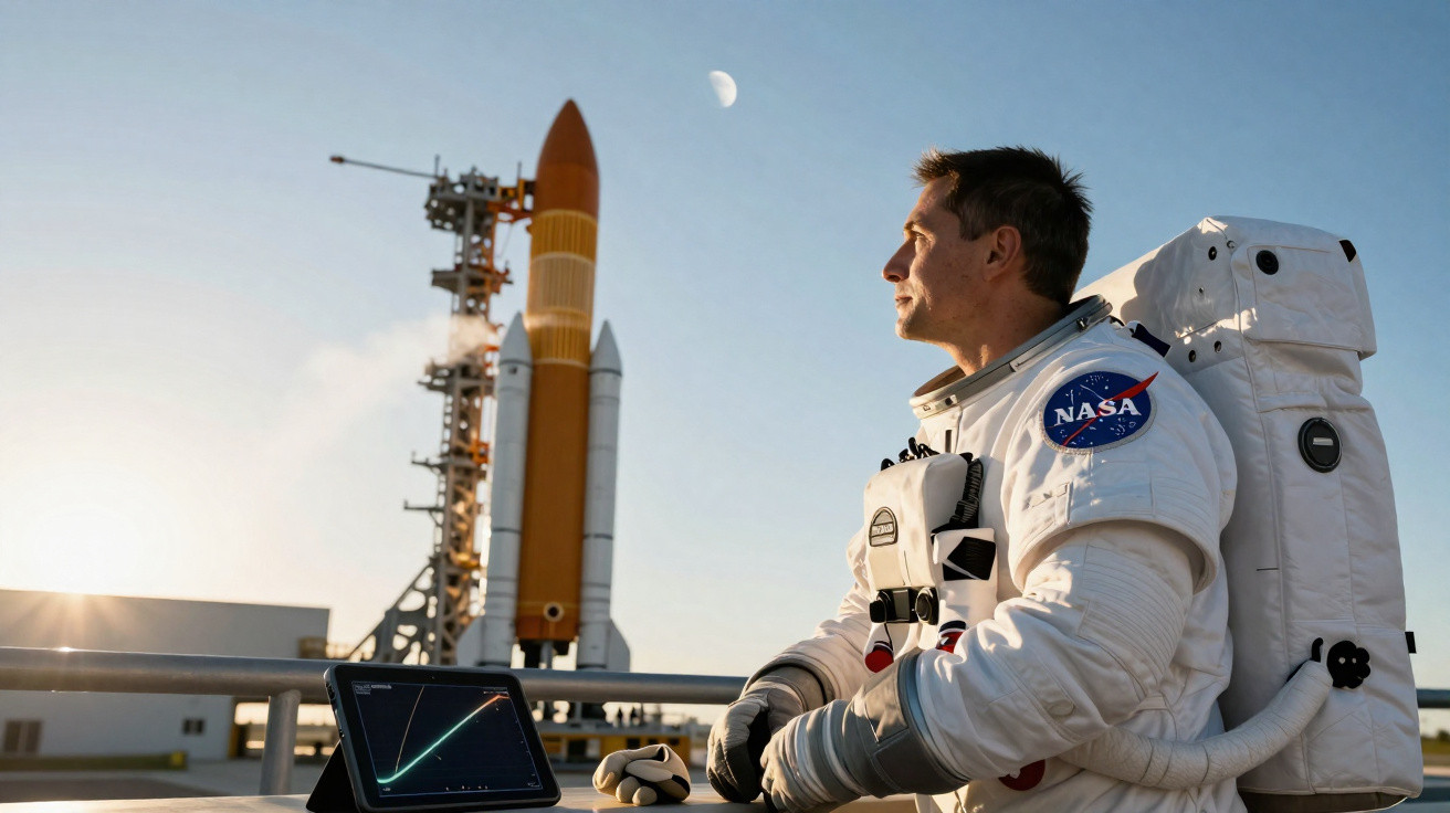 Astronauta da NASA em fato espacial observa foguetão antes do lançamento ao nascer do sol.