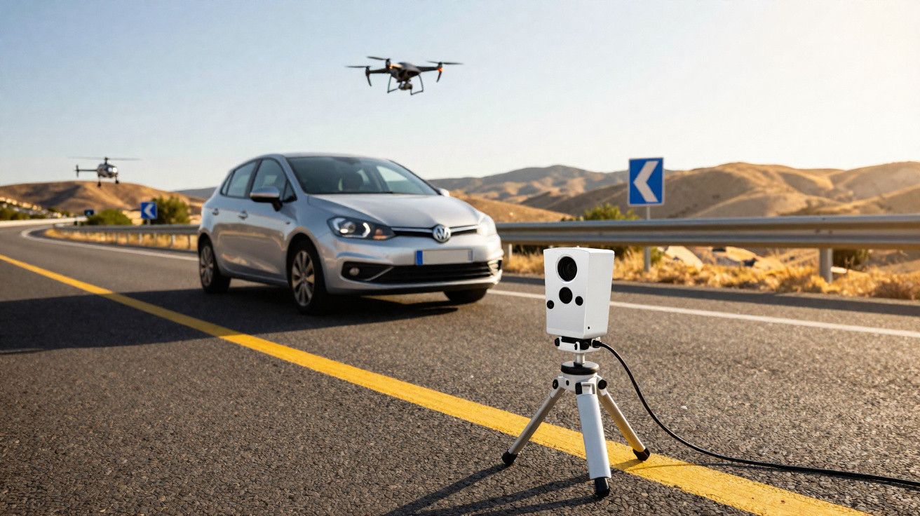 Carro prata numa estrada com dispositivo de medição ligado e drone a sobrevoar ao fundo em dia ensolarado.