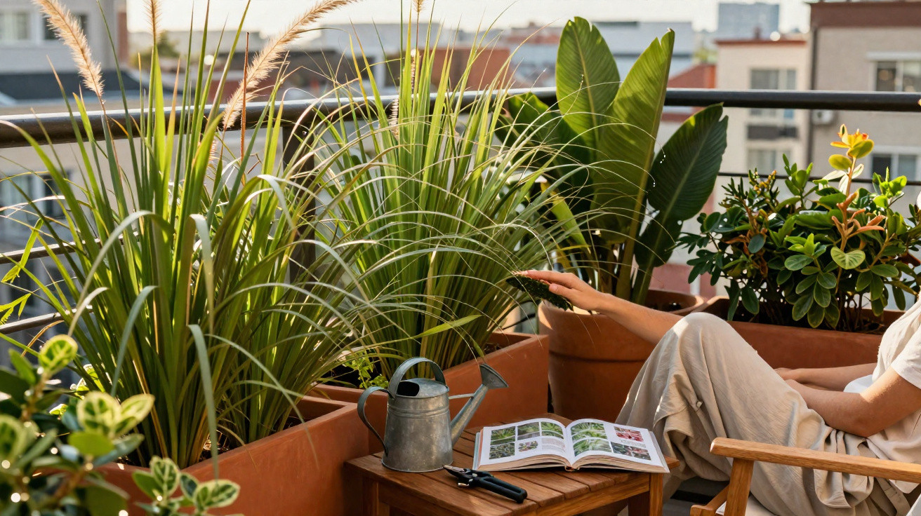 Varanda com várias plantas em vasos, regador, livro de jardinagem e pessoa relaxando na cadeira.