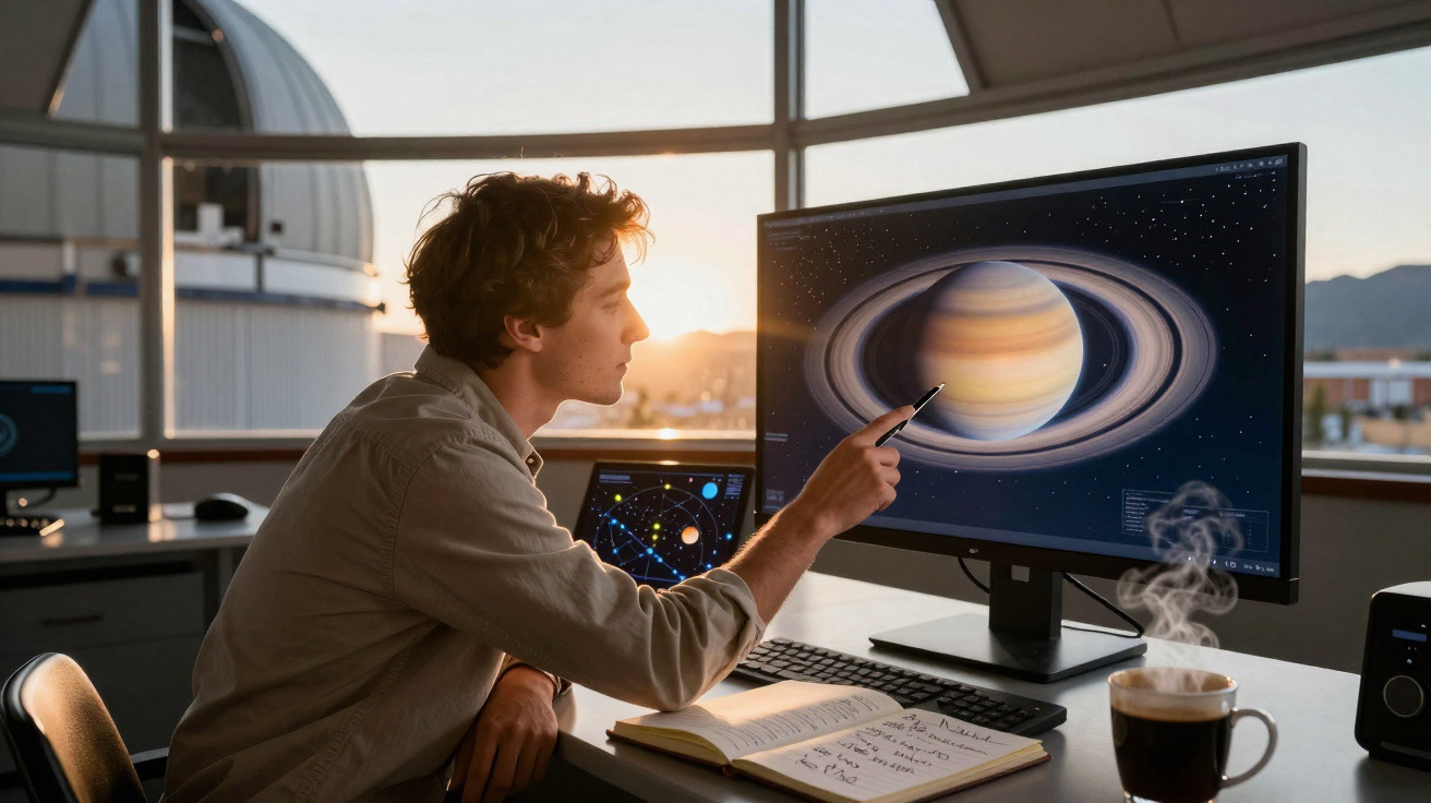 Homem a estudar o planeta Saturno num computador, apontando para o ecrã num ambiente de observatório astronómico.