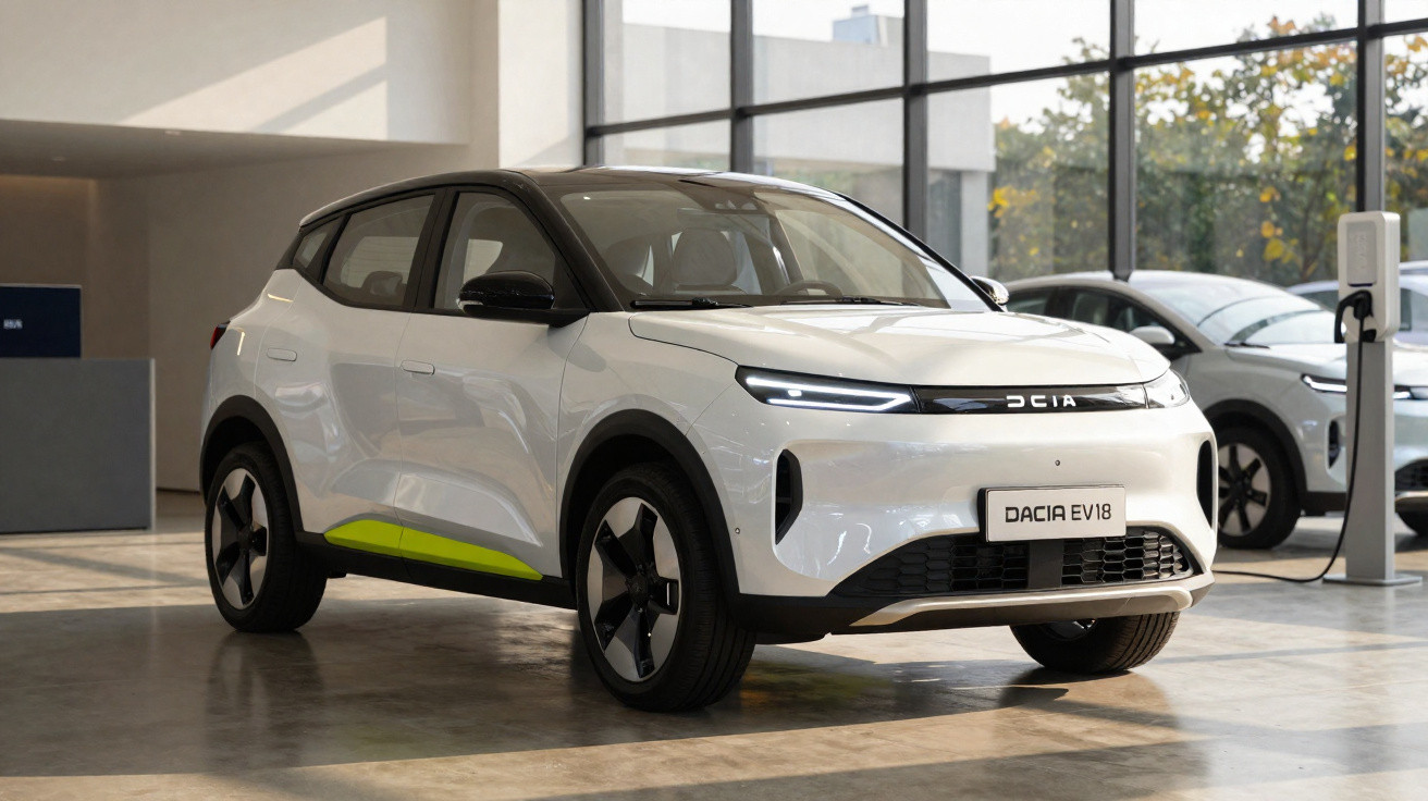 Carro elétrico branco Dacia EV18 em exibição num showroom com grande janela de vidro.
