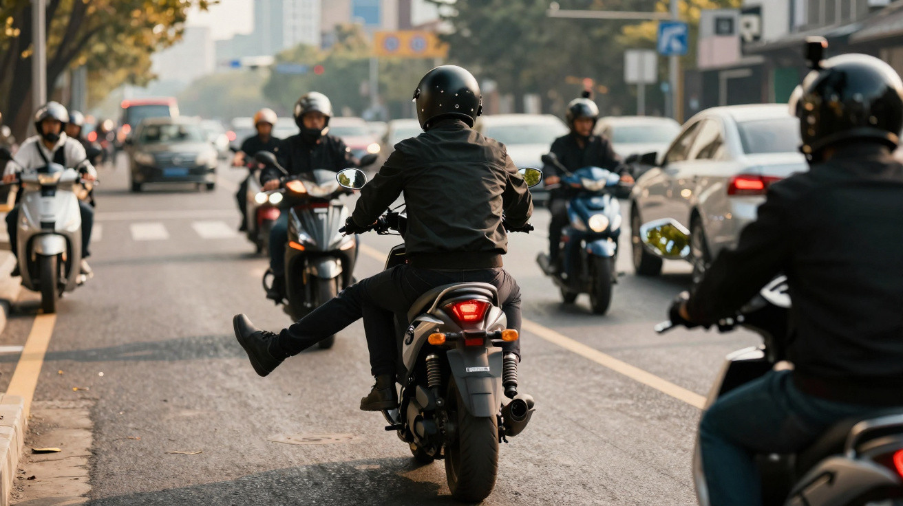 Grupo de motards de capacete preto a conduzir motas e scooters numa estrada urbana com trânsito.