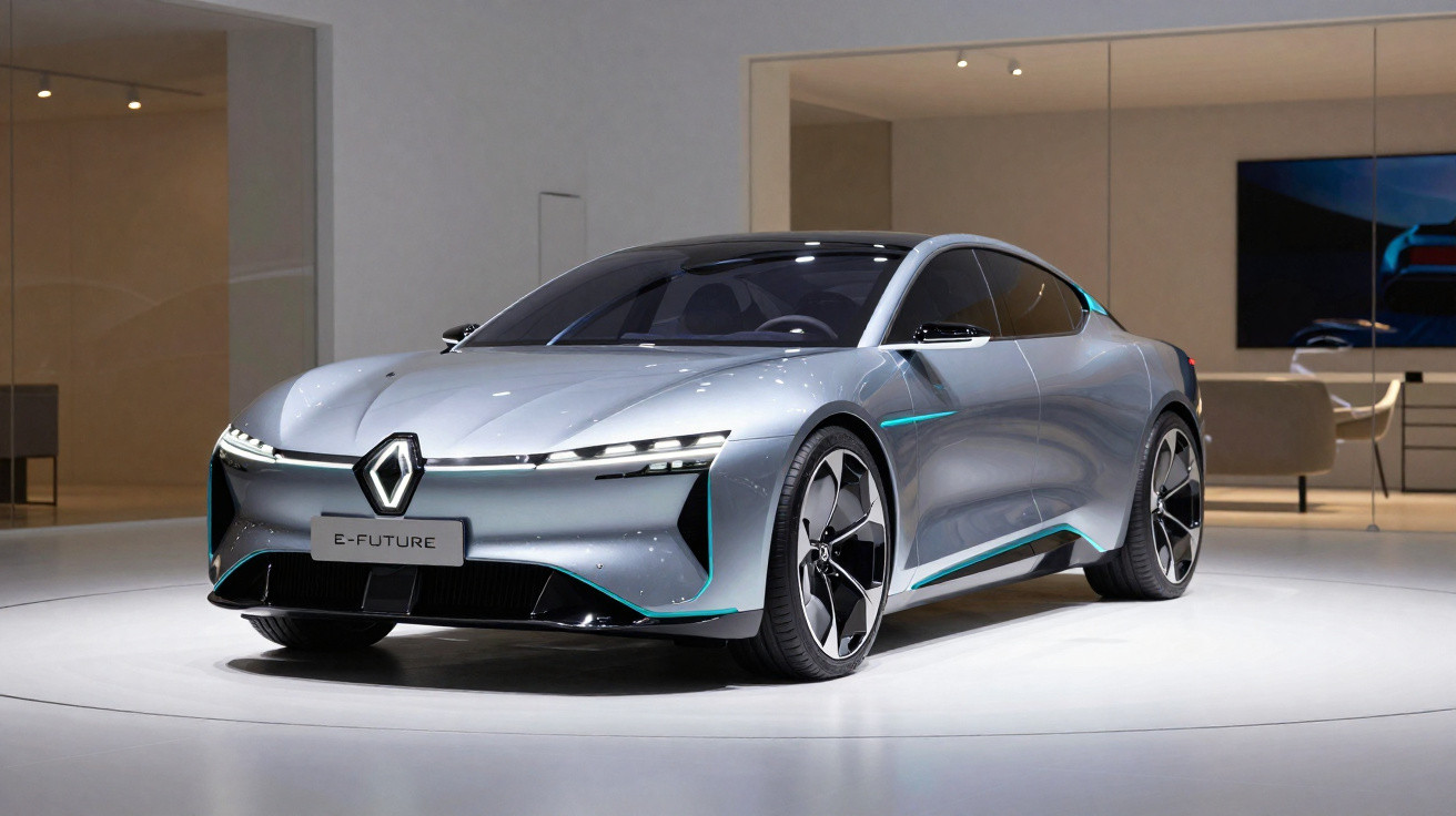 Carro elétrico conceito Renault E-Future cinzento em exposição numa sala moderna e iluminada.
