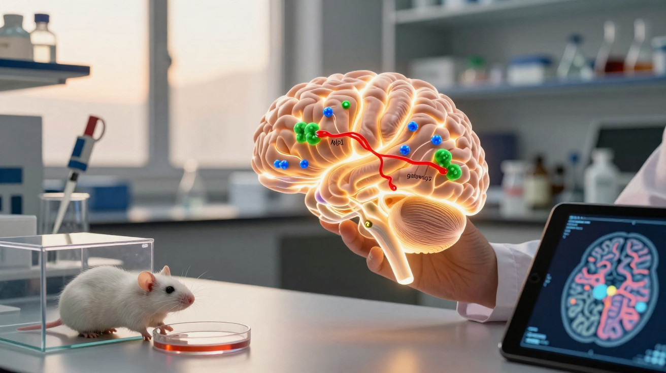 Laboratório com rato, modelo cerebral digital e ecrã tátil a mostrar imagem do cérebro humano.