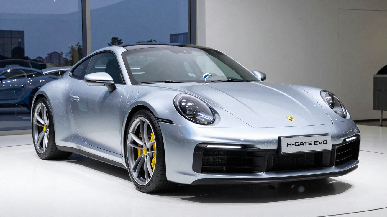 Carro desportivo prateado Porsche H-Gate Evo exibido em ambiente fechado com piso branco.