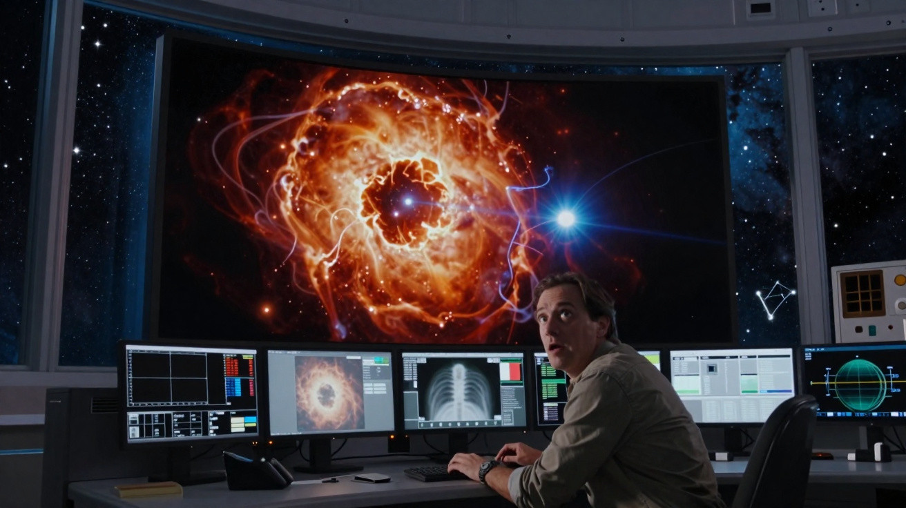 Homem a trabalhar num centro de controlo espacial com vários ecrãs e uma imagem gigante de uma explosão estelar.