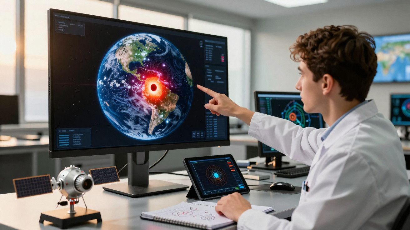 Cientista a estudar representação digital da Terra com destaque para evento geológico em destaque vermelho.