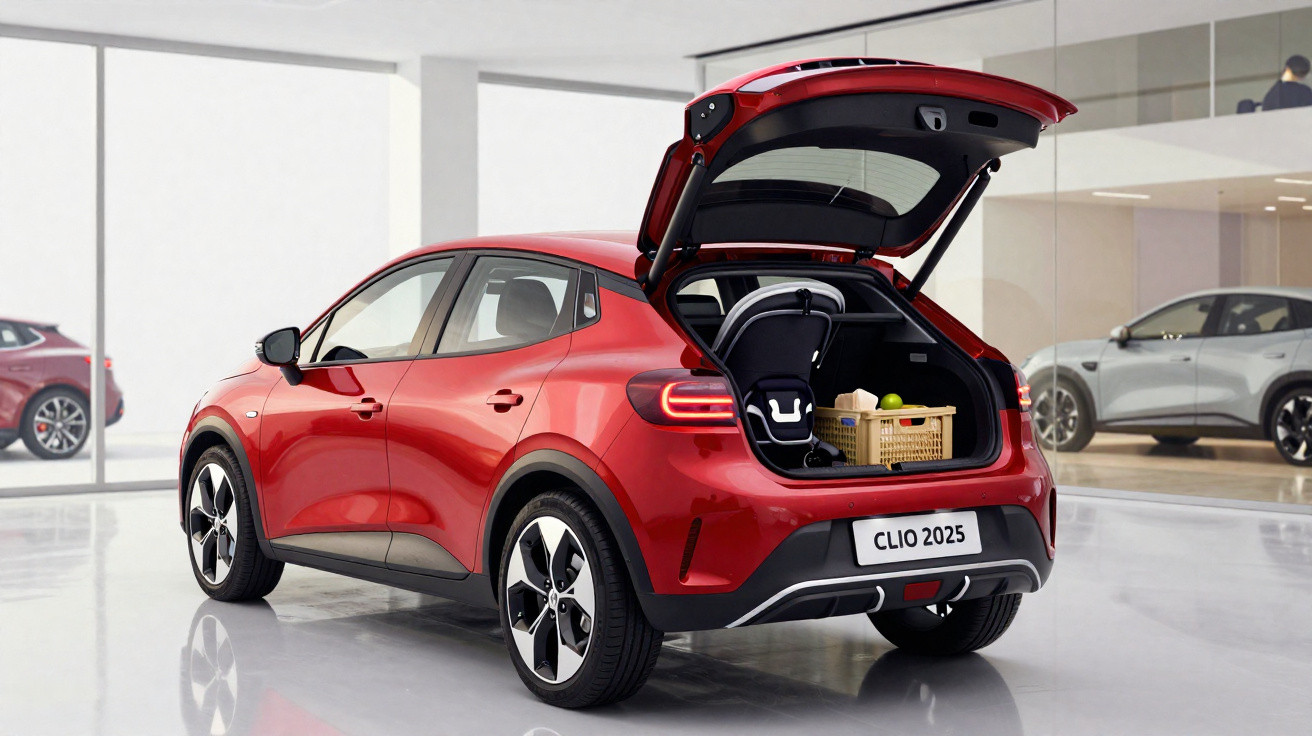 Carro vermelho Renault Clio 2025 com mala aberta, cadeirinha de bebé e caixa com frutas no interior.
