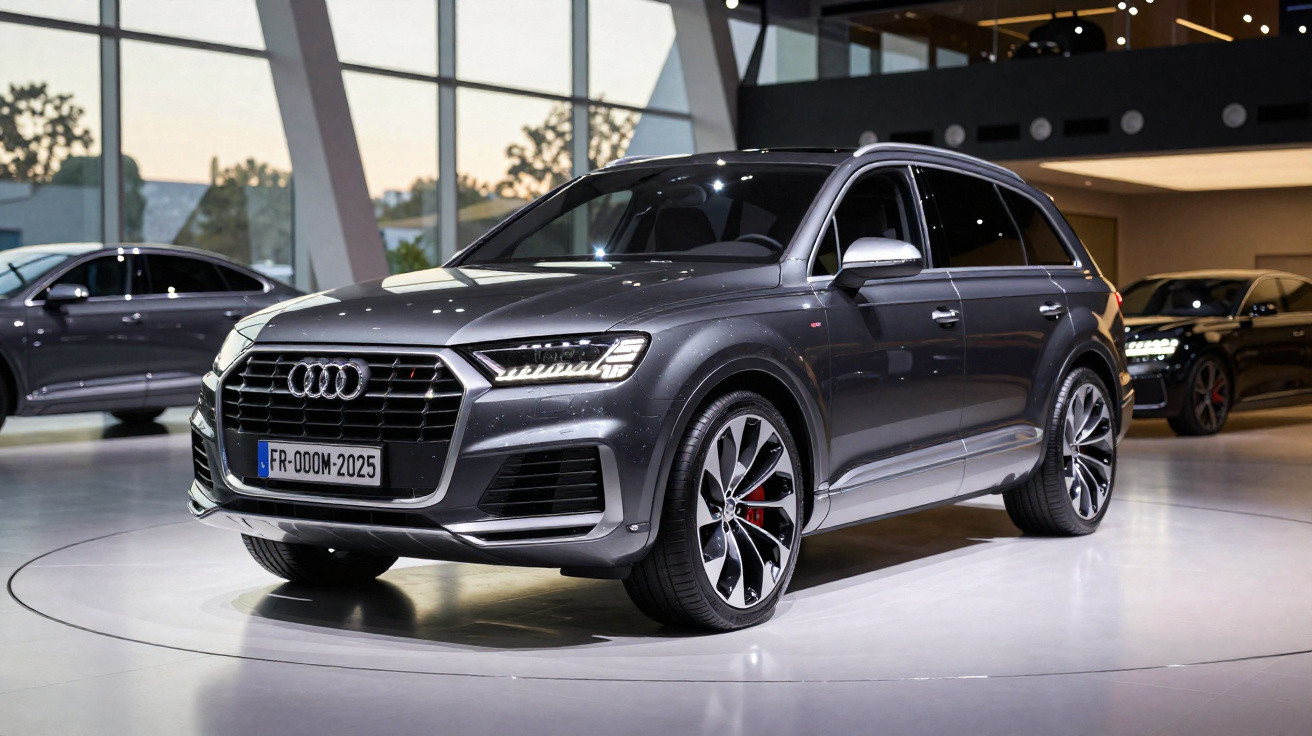 Audi Q7 cinzento exposto numa sala de exposição moderna com janelas grandes e carros ao fundo.