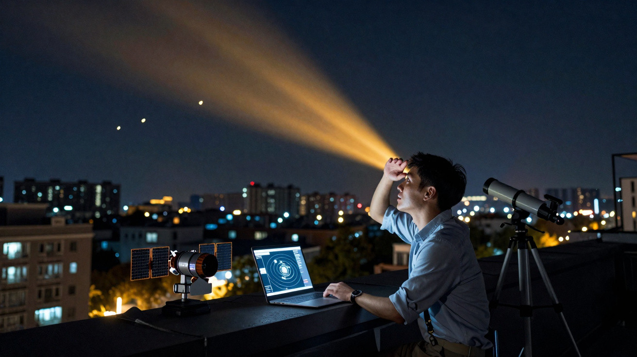 Homem observa o céu noturno com telescópio e computador portátil numa varanda de cidade iluminada.