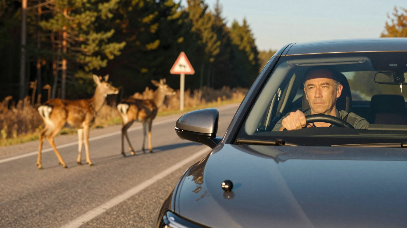 Homem ao volante de carro observa veados atravessando estrada rural ao pôr do sol.