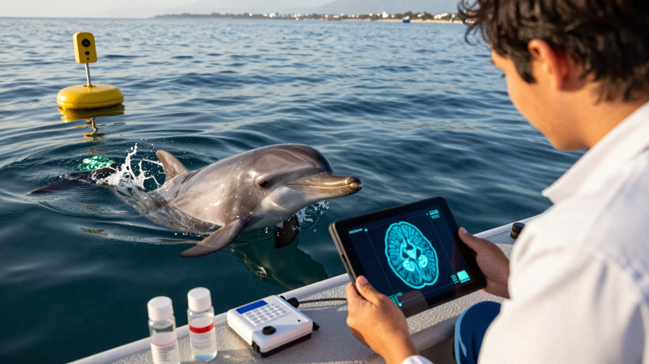 Investigador numa embarcação analisa imagens cerebrais num tablet enquanto um golfinho está na água perto.
