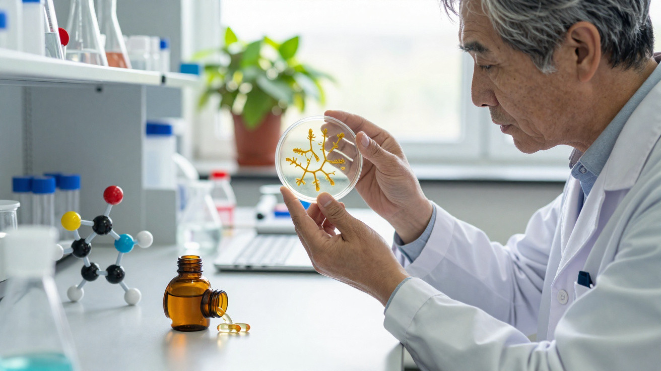 Cientista em laboratório analisa cultura amarela em placa de Petri com equipamentos científicos ao redor.