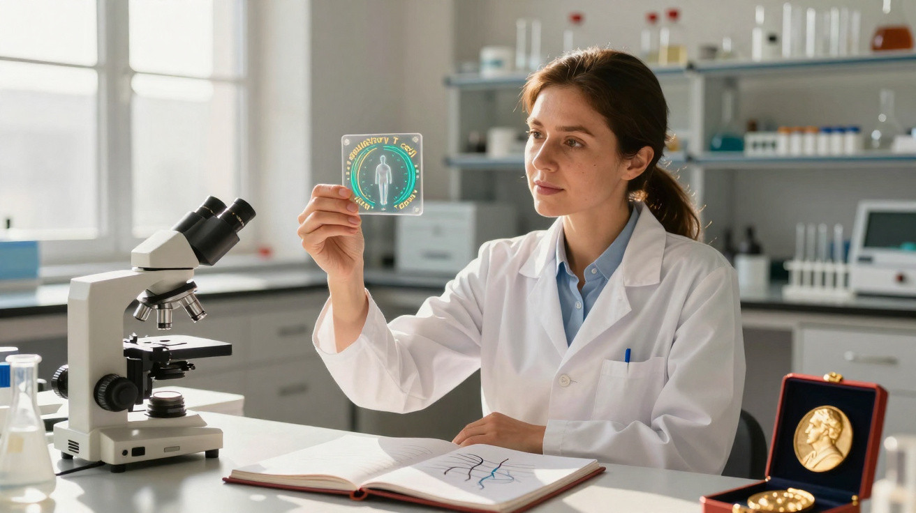 Mulher cientista em laboratório a examinar imagem de vírus, com microscópio e livro aberto à sua frente.