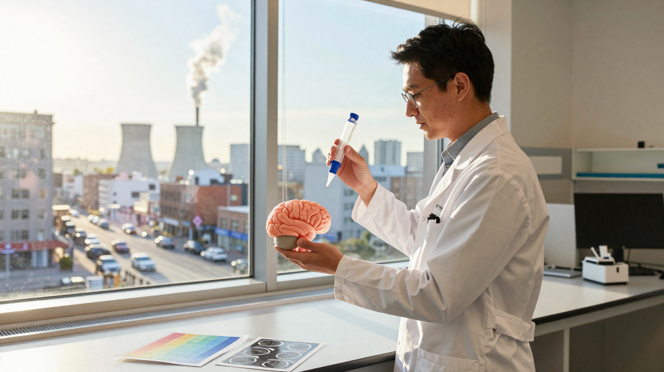 Cientista a examinar modelo de cérebro em laboratório com janela para cidade e fábrica ao fundo.