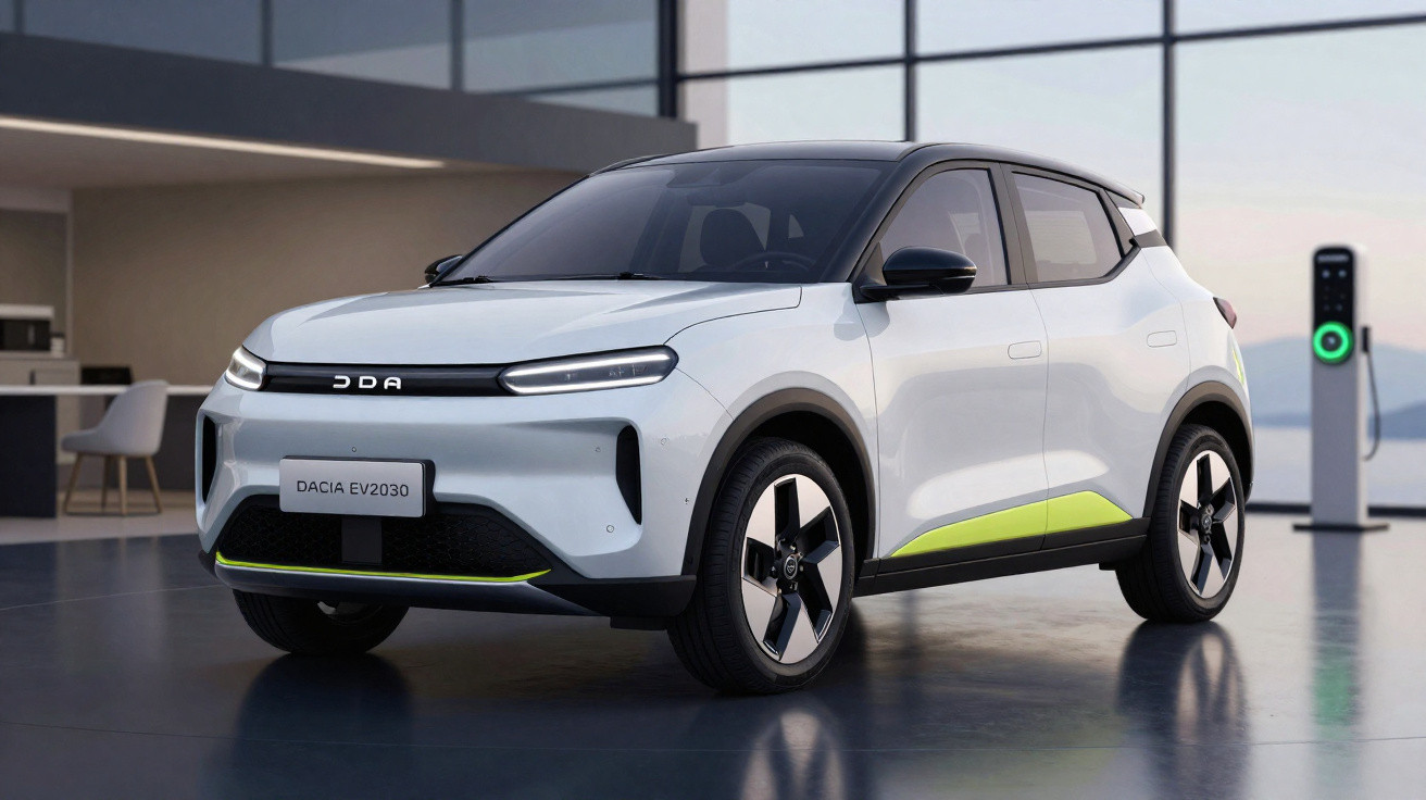 Carro elétrico branco Dacia EV2030 estacionado em ambiente moderno junto a estação de carregamento.