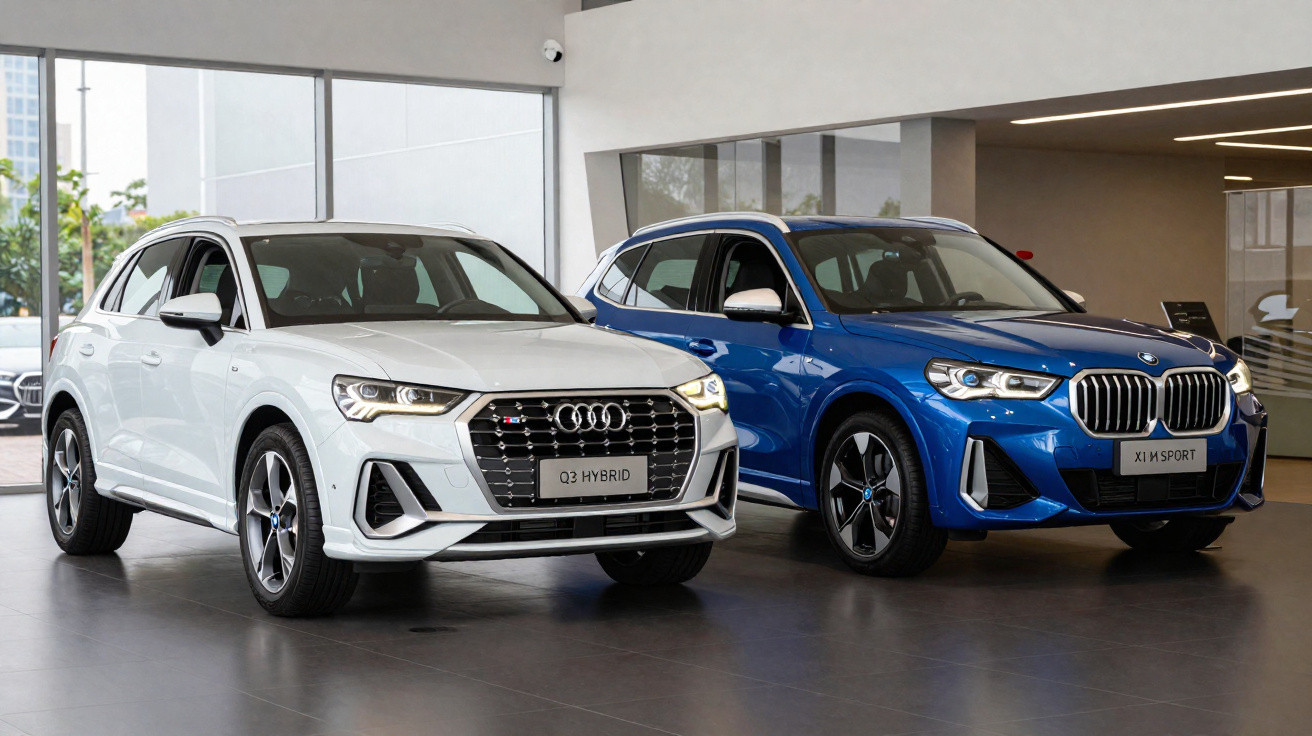 Dois carros SUV em exposição numa sala, um Audi Q3 híbrido branco e um BMW X1 M Sport azul.