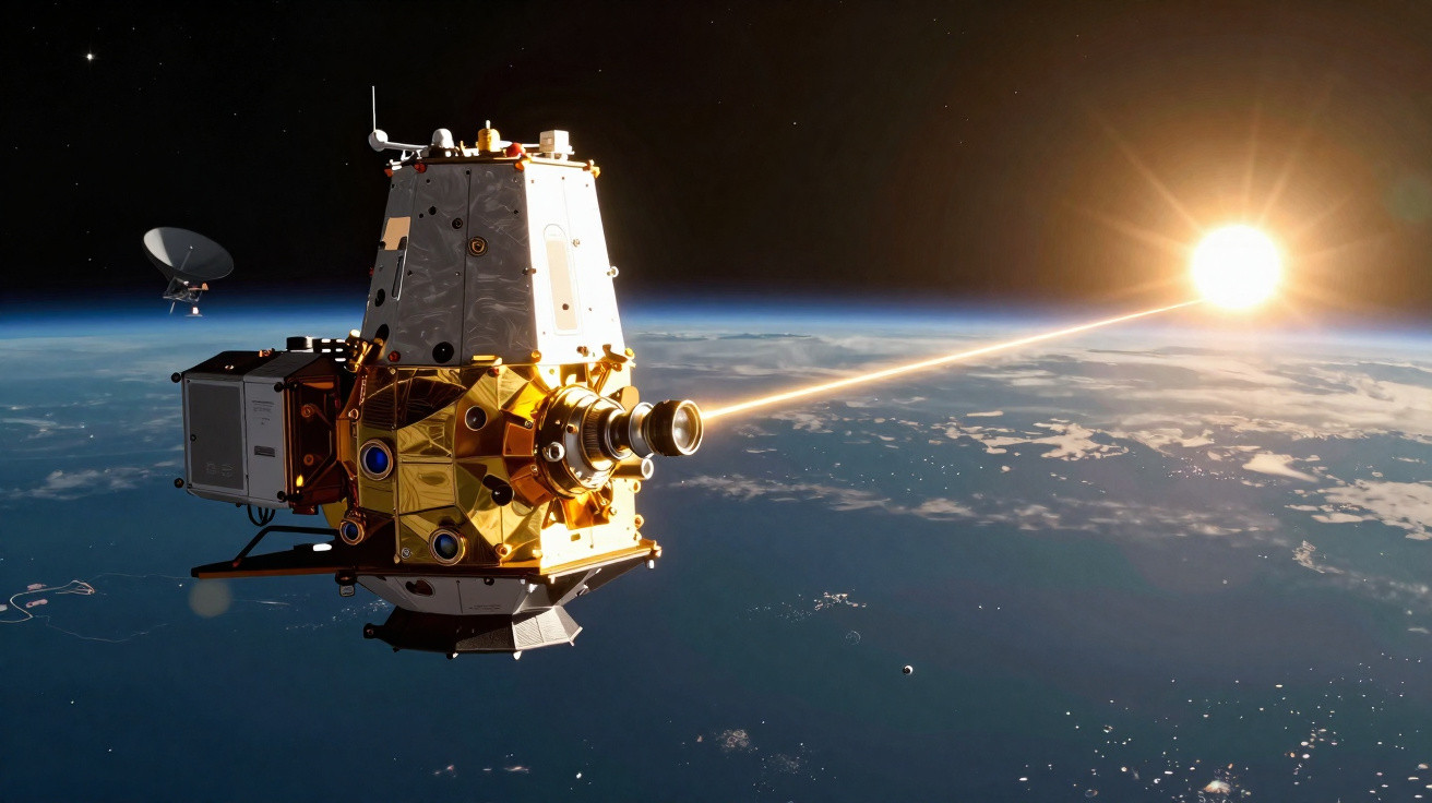 Satélite espacial em órbita terrestre a captar luz solar intensa no espaço profundo.
