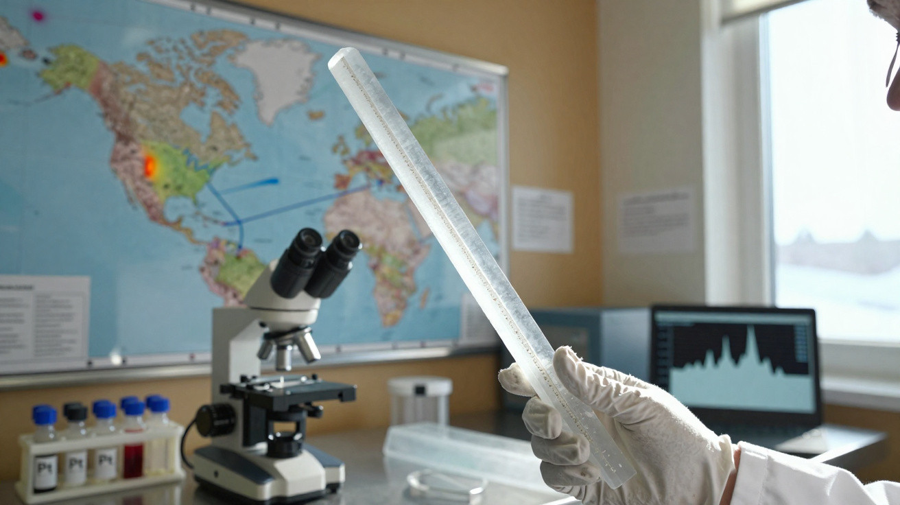 Mão com luva branca segurando tubo de ensaio em laboratório com microscópio e mapa mundo ao fundo.