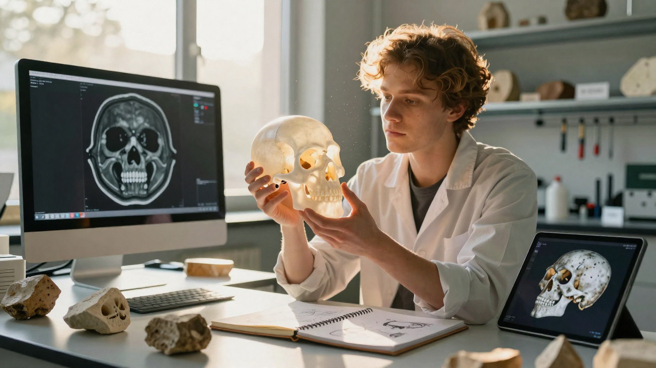 Jovem cientista em laboratório analisa crânio humano, com imagens de crânio no computador e tablet ao fundo.