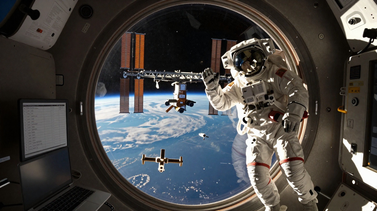 Astronauta em fato espacial acena dentro da ISS com vista da Estação Espacial Internacional e Terra ao fundo.