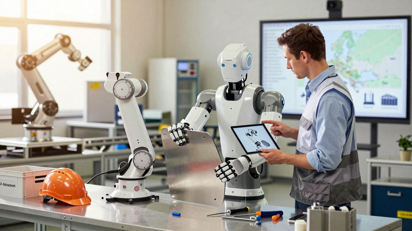 Homem a controlar um robô humanoide com tablet numa oficina de engenharia e robótica.