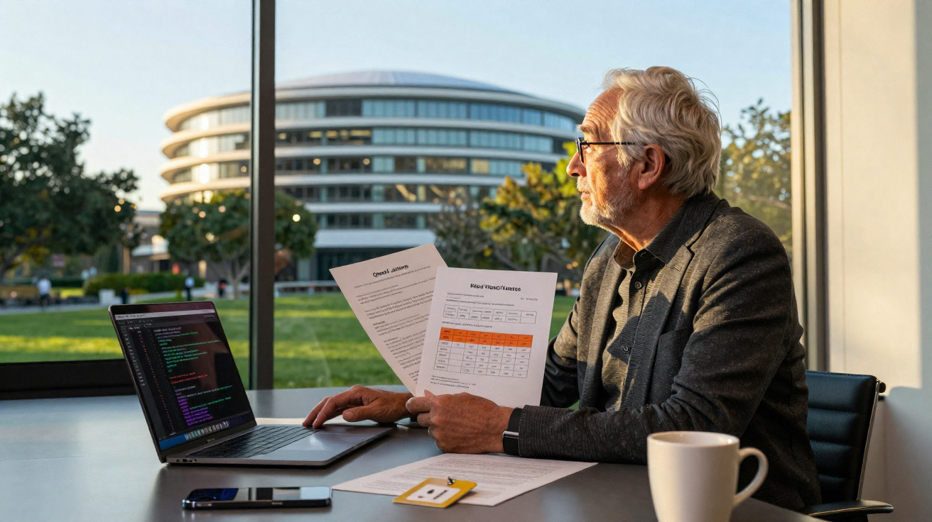Homem sénior a trabalhar com laptop e documentos numa sala com vista para jardim e edifício moderno.