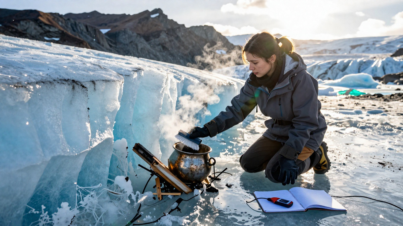 Mulher de agasalho prepara água a ferver num fogareiro sobre gelo numa paisagem glacial com caderno e instrumento à frente.