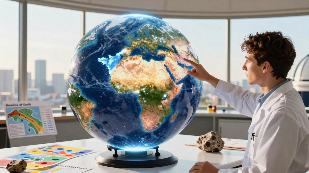 Jovem cientista em laboratório interage com globo terrestre iluminado, mostrando África e Europa.