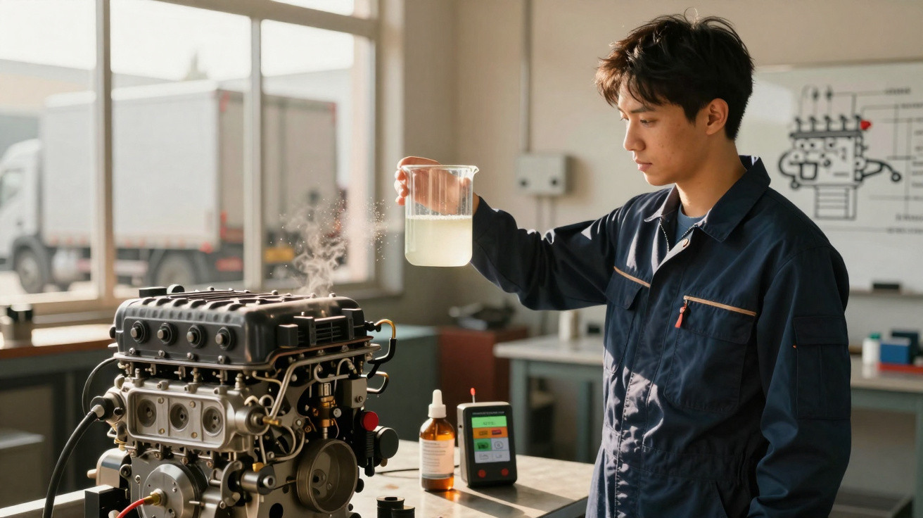 Jovem técnico em macacão azul a testar motor com líquido em laboratório industrial iluminado.