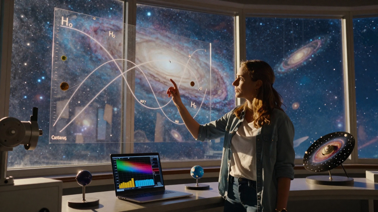 Mulher a apontar para fórmulas e planetas numa janela com vista para uma galáxia no espaço.