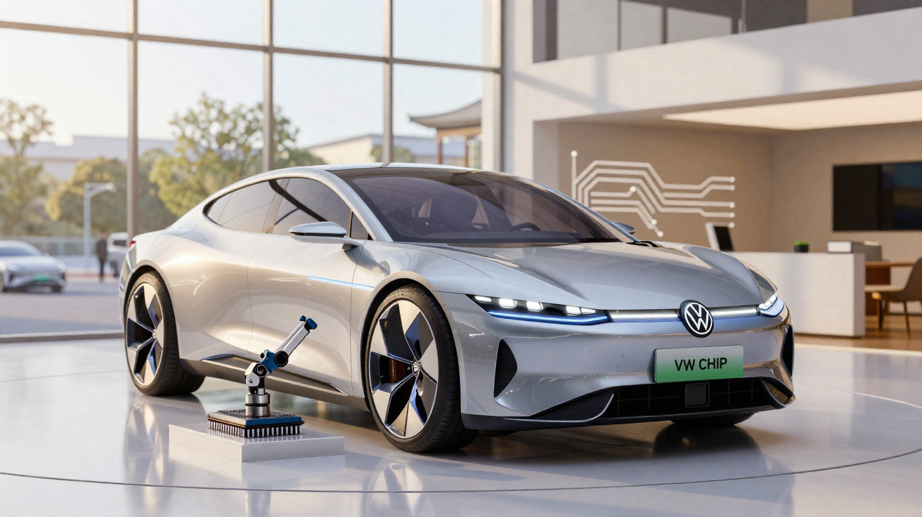 Carro elétrico prateado Volkswagen num showroom moderno com dispositivo tecnológico ao lado.