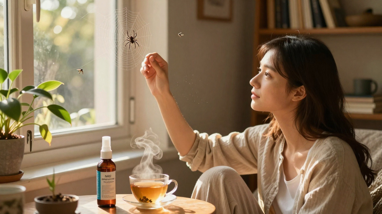 Mulher sentada perto da janela a olhar para uma teia de aranha com uma aranha e inseto, chá quente na mesa.
