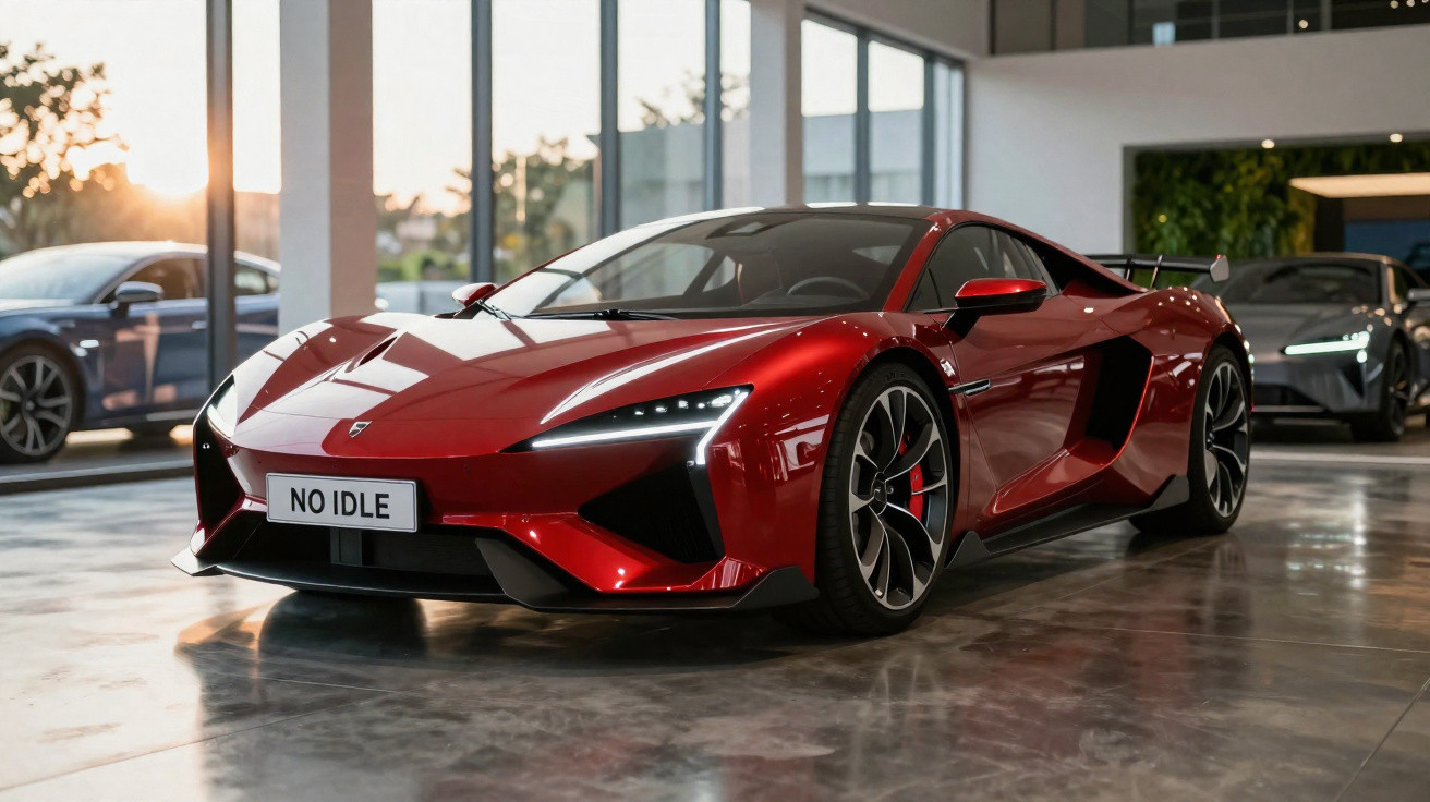 Carro desportivo vermelho brilhante estacionado em garagem moderna com janelas grandes ao amanhecer.