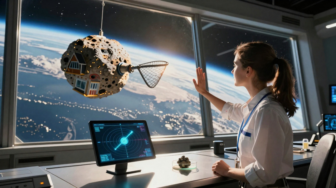 Mulher em estação espacial observa asteroide com casas e rede, com a Terra ao fundo vista pela janela.