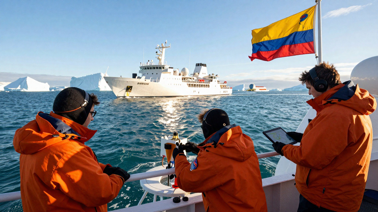 Três pessoas com casacos laranja numa embarcação, com um navio e um icebergue no mar ao fundo.