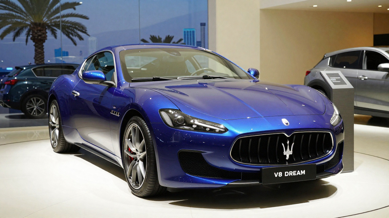 Carro desportivo azul Maserati V8 Dream exposto em ambiente interior moderno.