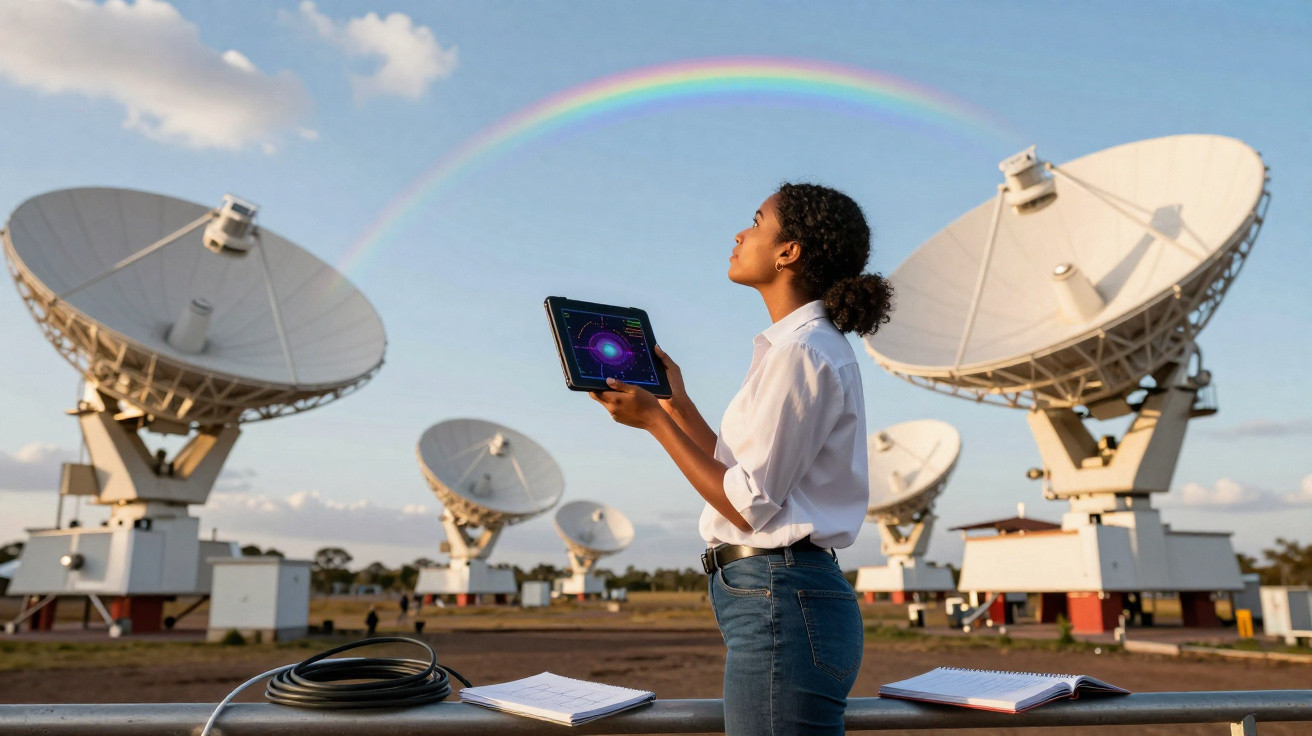Mulher com tablet observa céu com arco-íris, rodeada por antenas parabólicas grandes em campo aberto.