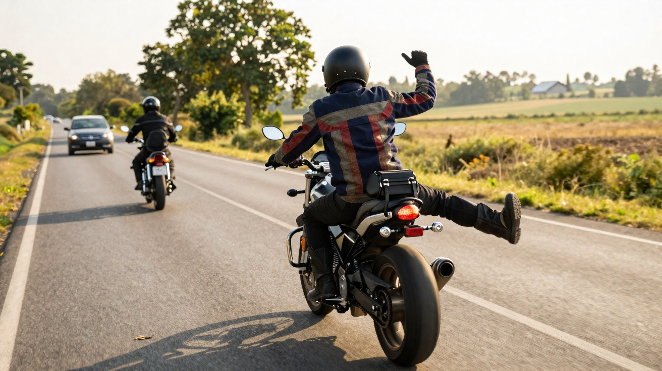 Dois motociclistas em estrada rural, um deles faz gesto com a mão e levanta a perna direita.