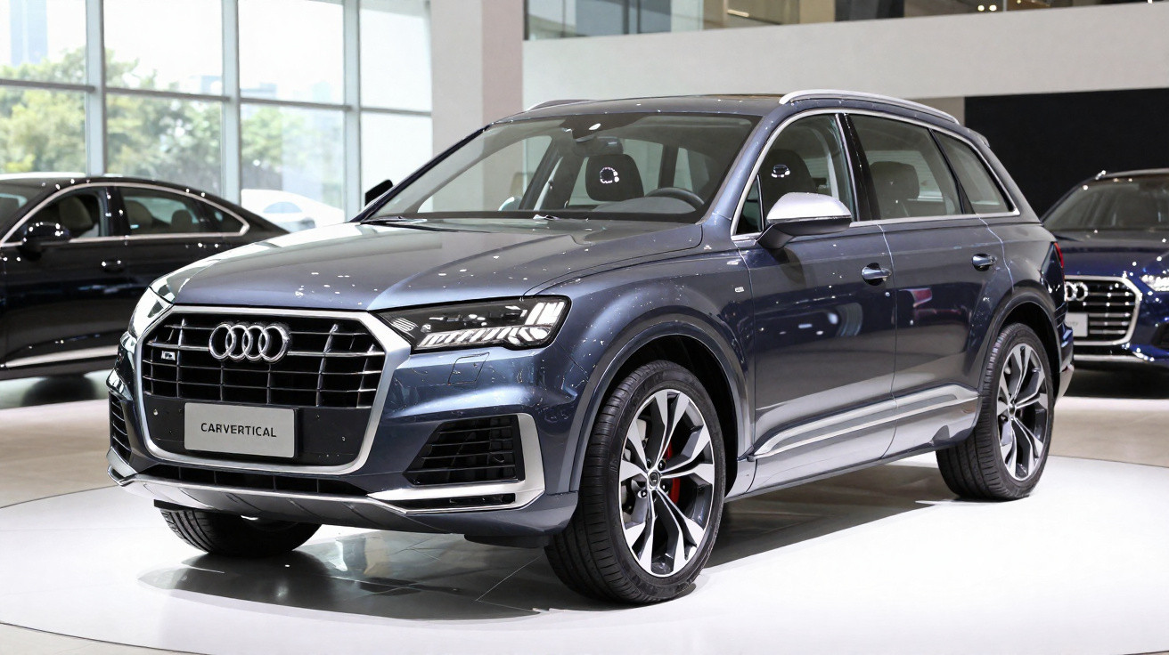 SUV Audi Q7 cinzento exposto num salão automóvel moderno com luz natural.
