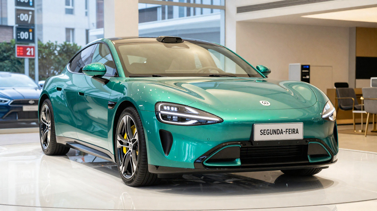 Carro esportivo verde metálico estacionado numa sala de exposição moderna com placas "SEGUNDA-FEIRA".
