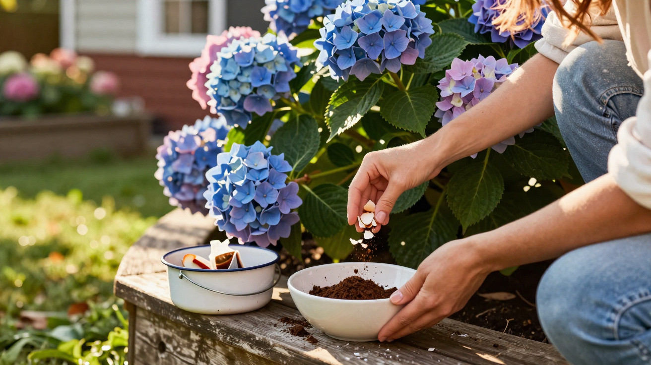 Pessoa a plantar sementes em vaso junto a hortênsias azuis num jardim ensolarado.