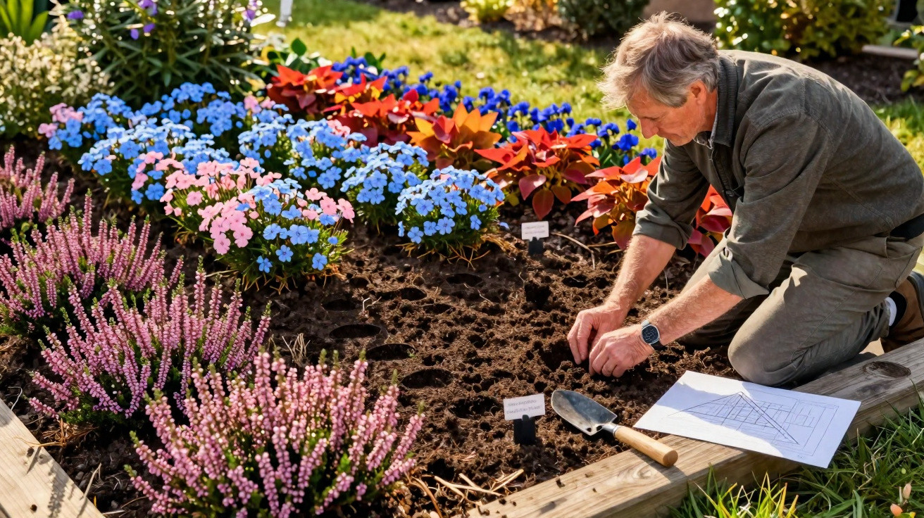 Homem a cultivar flores coloridas num jardim bem cuidado com plano de plantação ao lado.