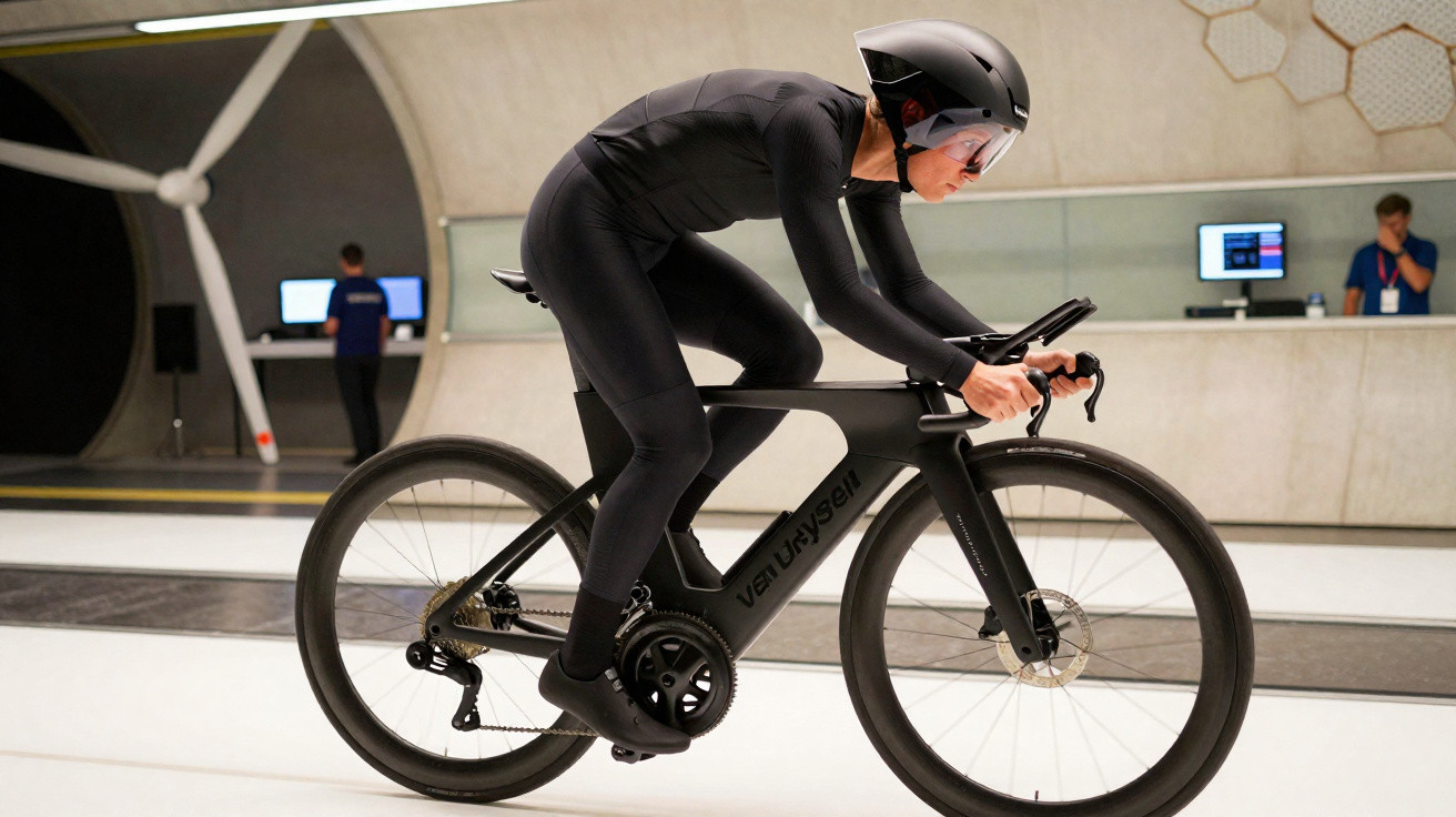 Ciclista com capacete aerodinâmico e fato preto pedala bicicleta preta em ambiente indoor moderno.
