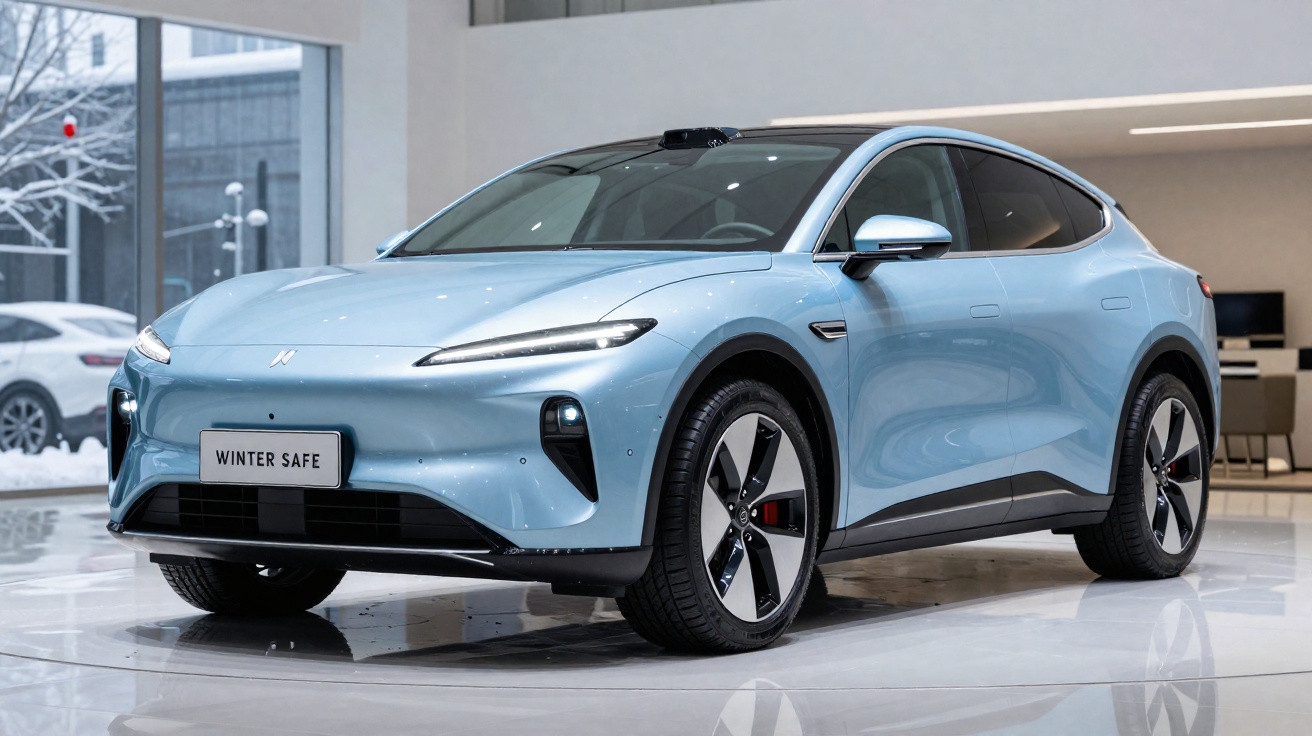 Carro elétrico azul claro numa sala de exposição moderna com neve visível através da janela.